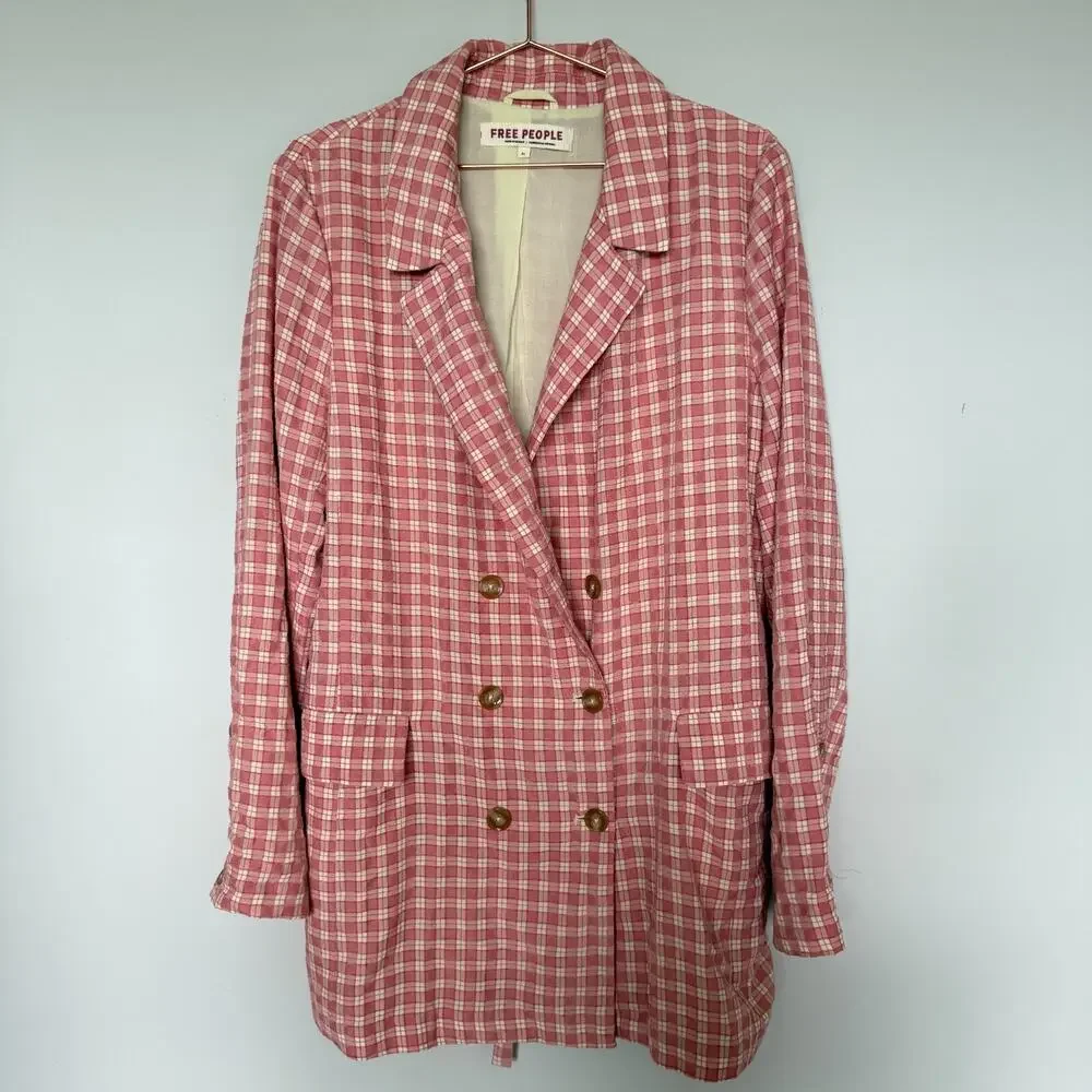 Free People Pink Plaid Double-Breasted Blazer Jacket - Picture 2 of 9